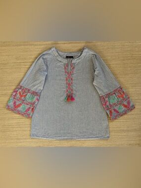 APNY blue stripe embroidered cotton popover top split neck bell sleeve women S